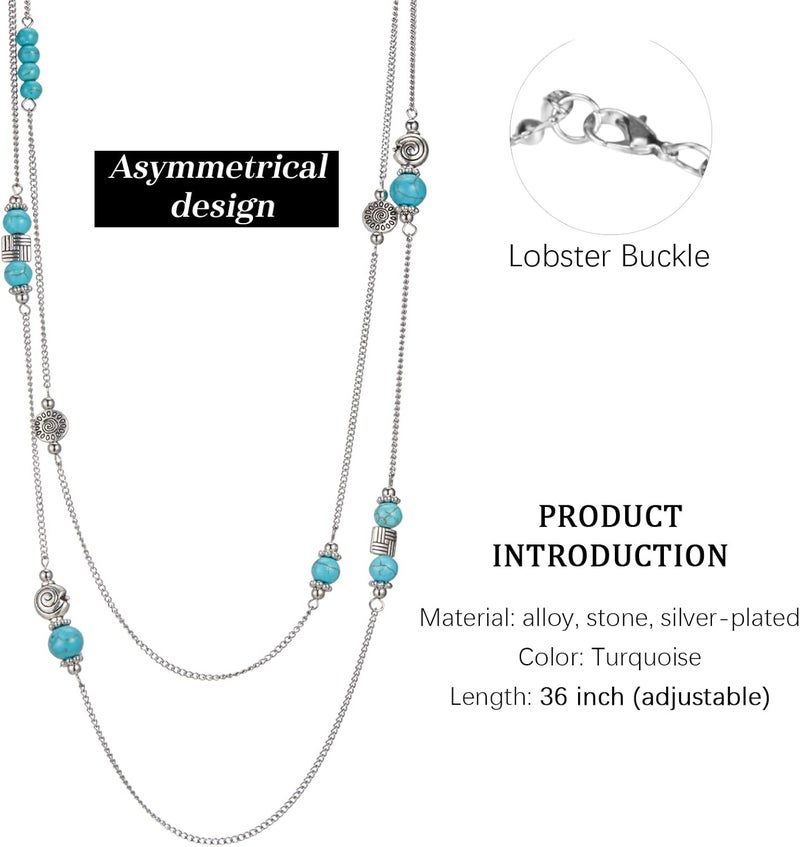 BULINLIN Layered Silver Long Necklace for Women Turquoise Stone Beaded Strand Sweater Chain Necklaces Fashion Costume Jewelry Gifts for Mom - Image 4